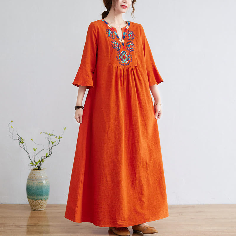 Vestido largo de lino y algodón con mangas tres cuartos, bordado étnico, estampado floral y Buddha Stones - NaranjaRojo - US8-10，UK/AU12-14，EU40-42 (2XL) - image 9