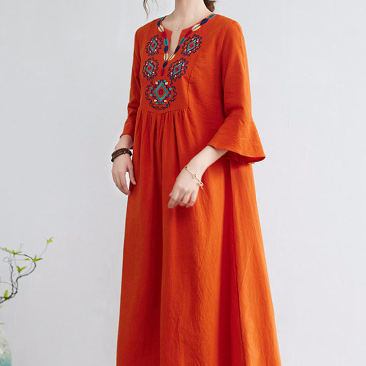 Vestido largo de lino y algodón con mangas tres cuartos, bordado étnico, estampado floral y Buddha Stones - image 13