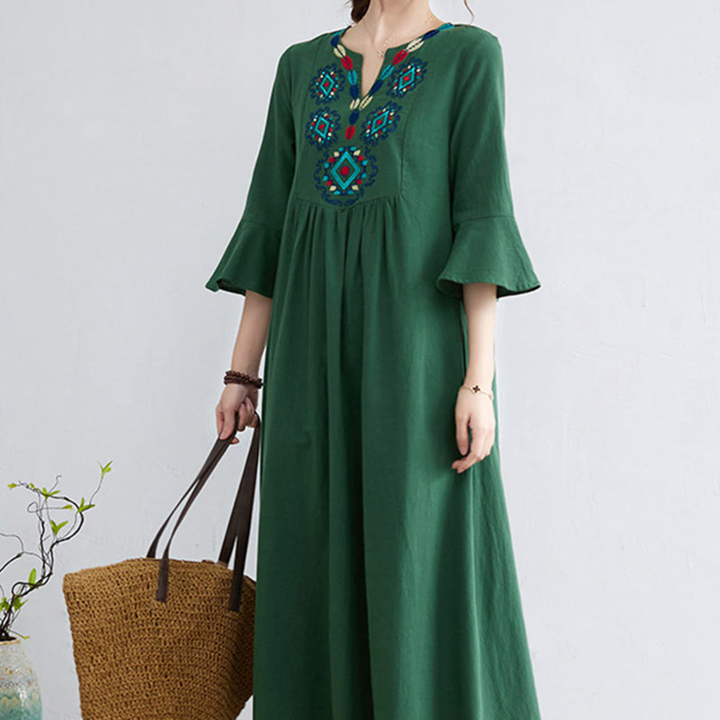 Vestido largo de lino y algodón con mangas tres cuartos, bordado étnico, estampado floral y Buddha Stones - image 18