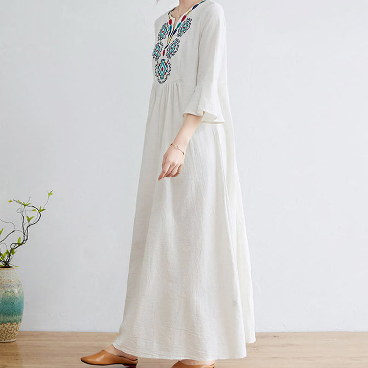 Vestido largo de lino y algodón con mangas tres cuartos, bordado étnico, estampado floral y Buddha Stones - image 2