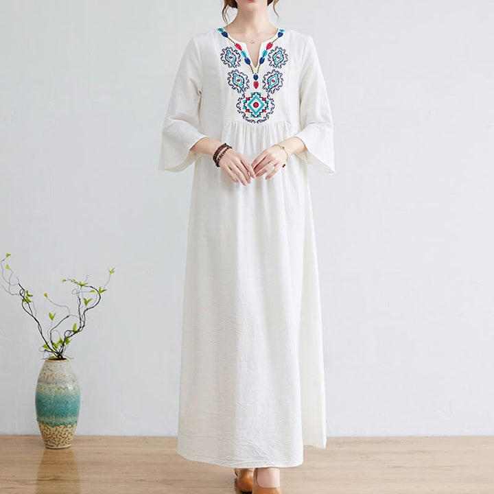 Vestido largo de lino y algodón con mangas tres cuartos, bordado étnico, estampado floral y Buddha Stones - image 1