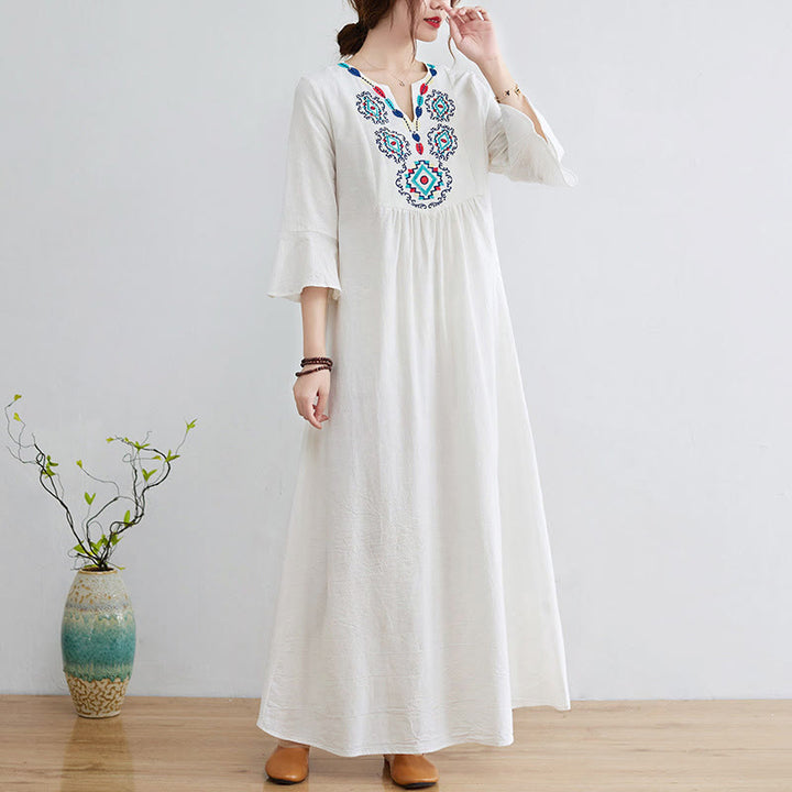 Vestido largo de lino y algodón con mangas tres cuartos, bordado étnico, estampado floral y Buddha Stones - FloralBlanco - US8-10，UK/AU12-14，EU40-42 (2XL) - image 0