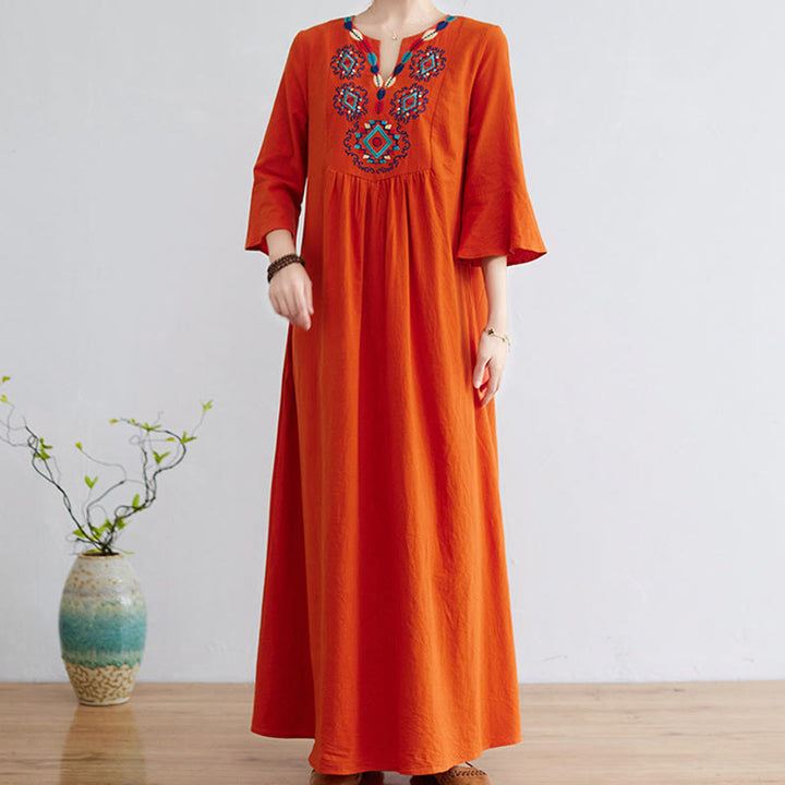 Vestido largo de lino y algodón con mangas tres cuartos, bordado étnico, estampado floral y Buddha Stones - image 10