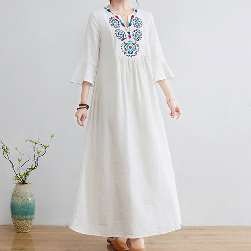 Vestido largo de lino y algodón con mangas tres cuartos, bordado étnico, estampado floral y Buddha Stones - image 3