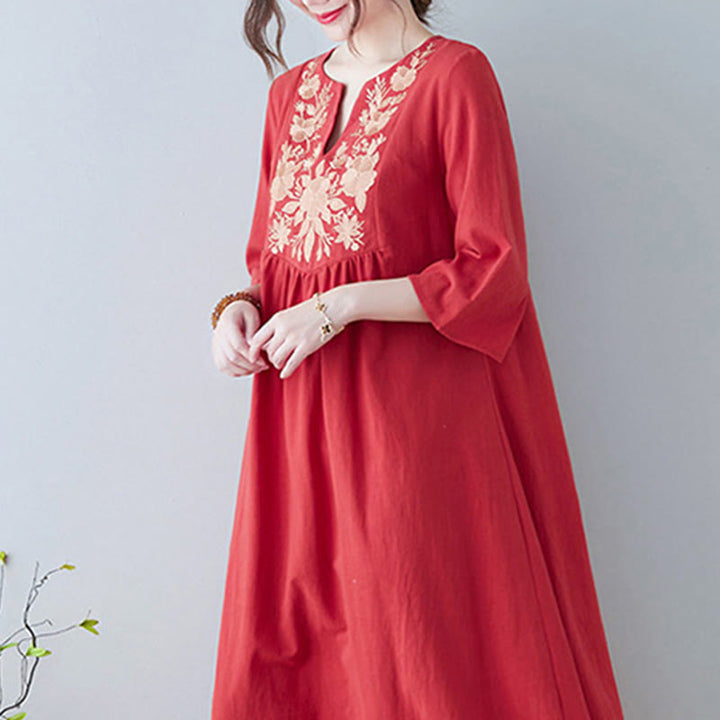 Vestido largo de lino y algodón con cuello en V, manga tres cuartos y diseño floral sencillo con bordado bohemio y Buddha Stones - image 16