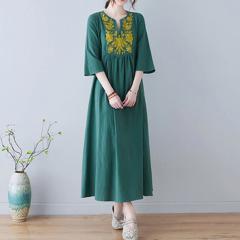 Vestido largo de lino y algodón con cuello en V, manga tres cuartos y diseño floral sencillo con bordado bohemio y Buddha Stones - image 19