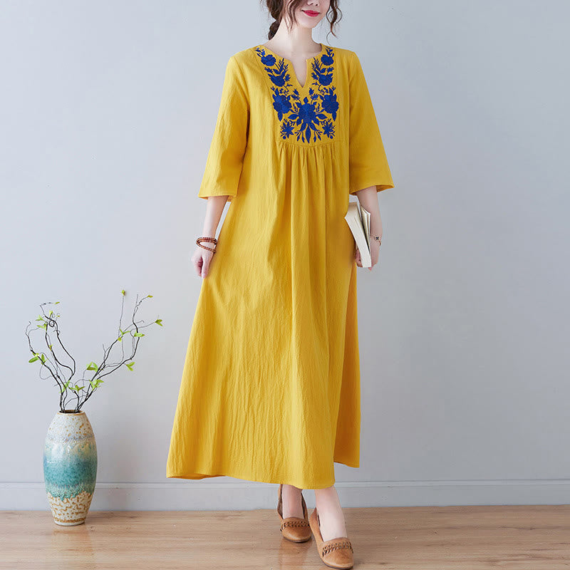 Vestido largo de lino y algodón con cuello en V, manga tres cuartos y diseño floral sencillo con bordado bohemio y Buddha Stones - Oro - US8-10，UK/AU12-14，EU40-42 (2XL) - image 0