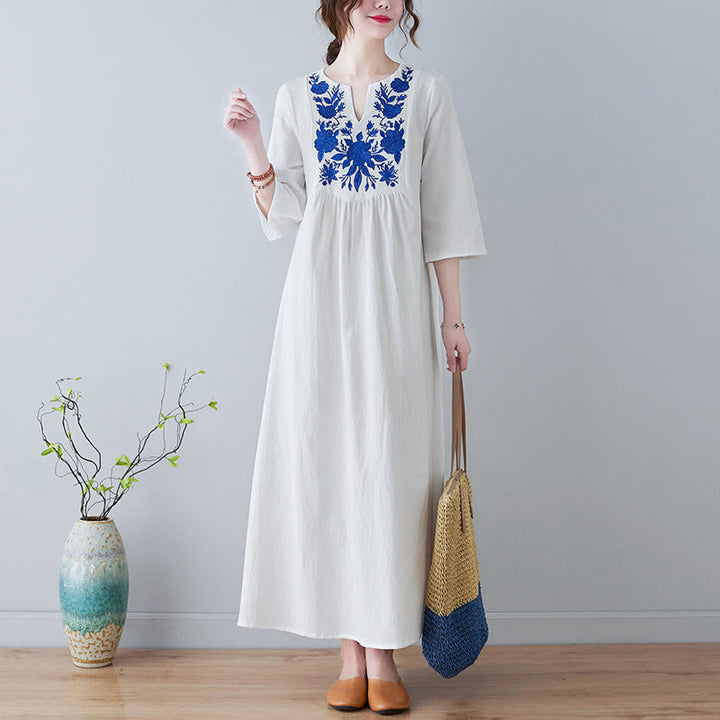 Vestido largo de lino y algodón con cuello en V, manga tres cuartos y diseño floral sencillo con bordado bohemio y Buddha Stones - FloralBlanco - US8-10，UK/AU12-14，EU40-42 (2XL) - image 5