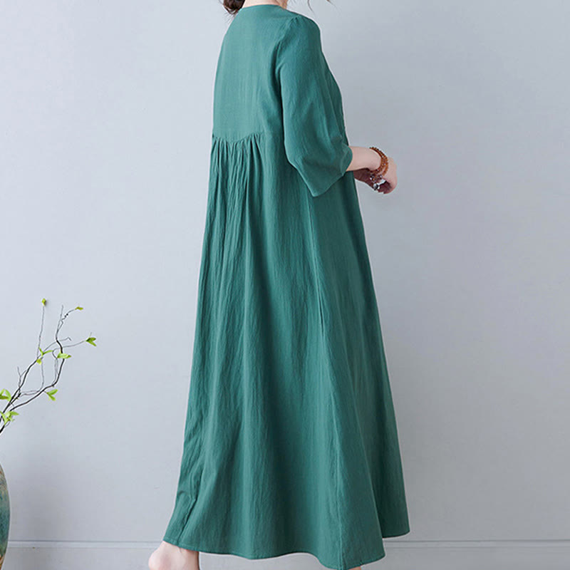 Vestido largo de lino y algodón con cuello en V, manga tres cuartos y diseño floral sencillo con bordado bohemio y Buddha Stones - image 22