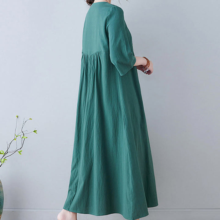 Vestido largo de lino y algodón con cuello en V, manga tres cuartos y diseño floral sencillo con bordado bohemio y Buddha Stones - image 22