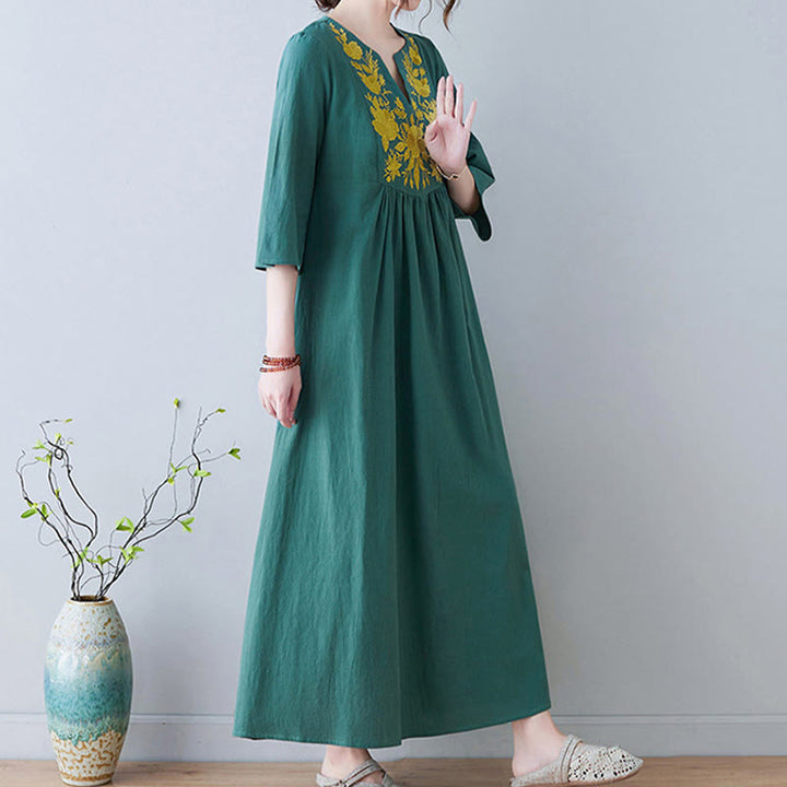 Vestido largo de lino y algodón con cuello en V, manga tres cuartos y diseño floral sencillo con bordado bohemio y Buddha Stones - image 20