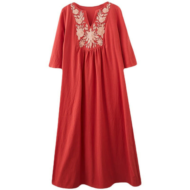 Vestido largo de lino y algodón con cuello en V, manga tres cuartos y diseño floral sencillo con bordado bohemio y Buddha Stones - image 17