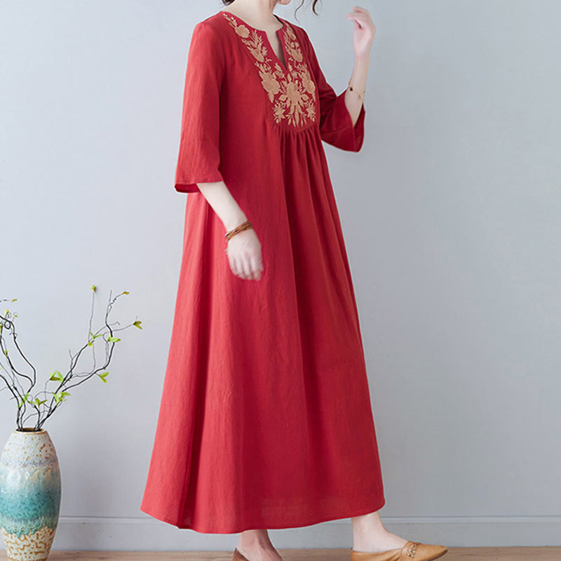 Vestido largo de lino y algodón con cuello en V, manga tres cuartos y diseño floral sencillo con bordado bohemio y Buddha Stones - image 13