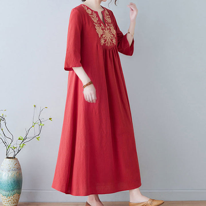 Vestido largo de lino y algodón con cuello en V, manga tres cuartos y diseño floral sencillo con bordado bohemio y Buddha Stones - image 13