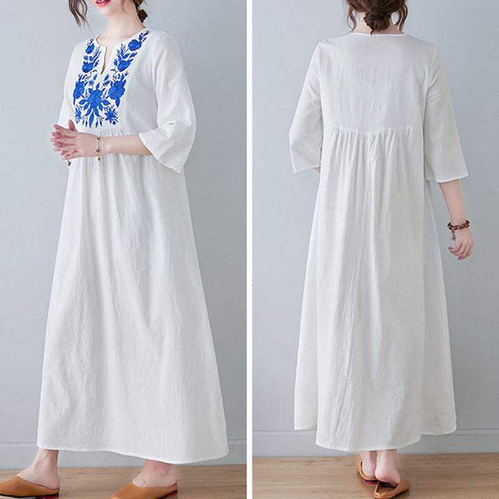 Vestido largo de lino y algodón con cuello en V, manga tres cuartos y diseño floral sencillo con bordado bohemio y Buddha Stones - image 11