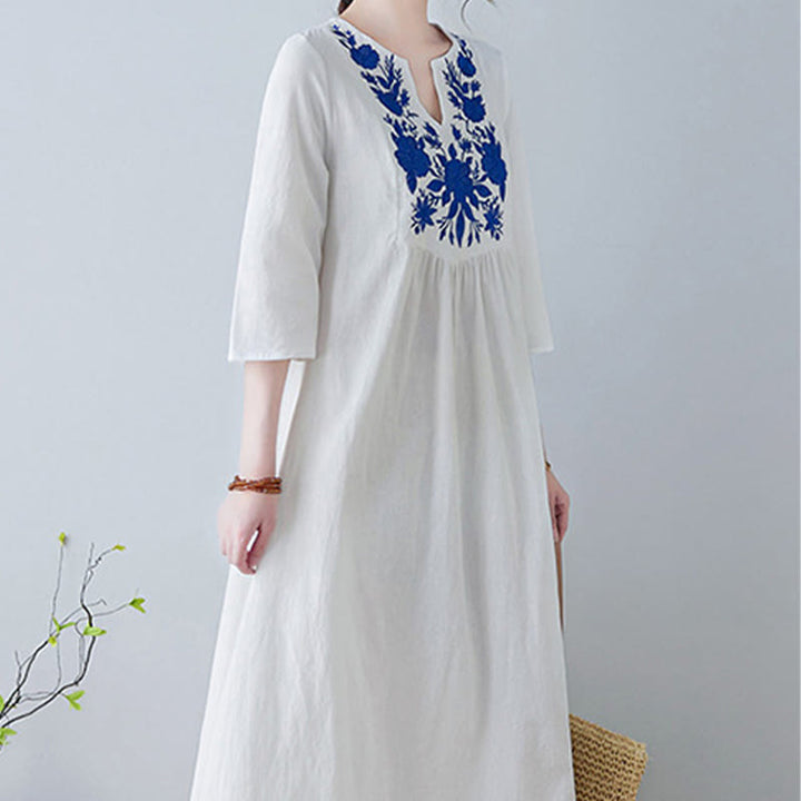 Vestido largo de lino y algodón con cuello en V, manga tres cuartos y diseño floral sencillo con bordado bohemio y Buddha Stones - image 7