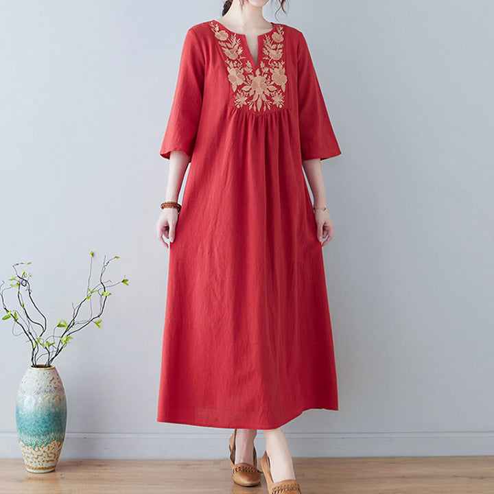 Vestido largo de lino y algodón con cuello en V, manga tres cuartos y diseño floral sencillo con bordado bohemio y Buddha Stones - image 15