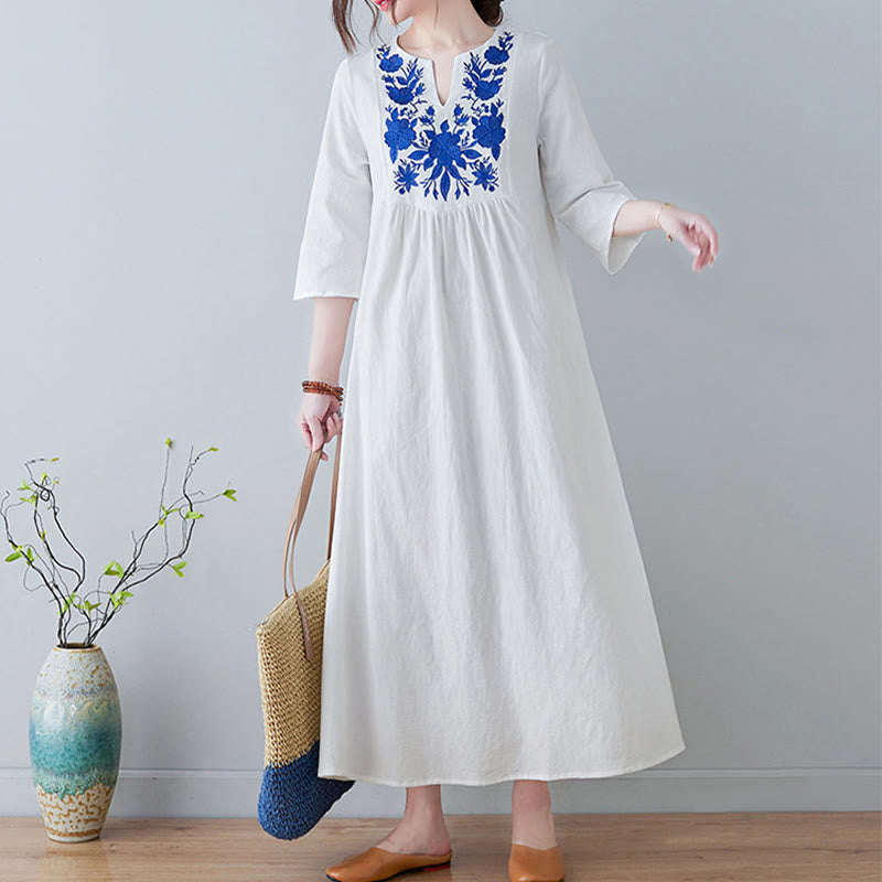 Vestido largo de lino y algodón con cuello en V, manga tres cuartos y diseño floral sencillo con bordado bohemio y Buddha Stones - image 6