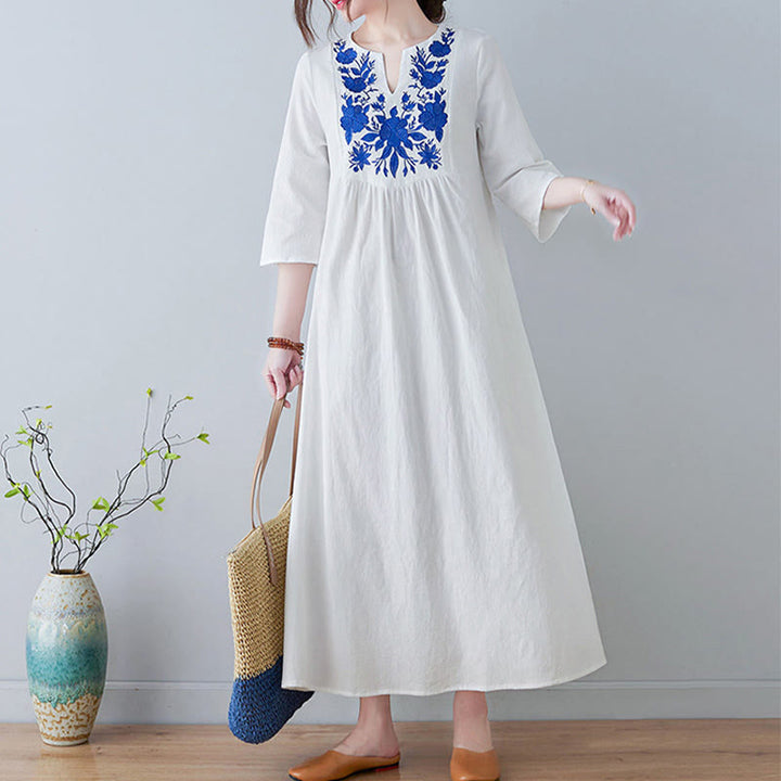 Vestido largo de lino y algodón con cuello en V, manga tres cuartos y diseño floral sencillo con bordado bohemio y Buddha Stones - image 6