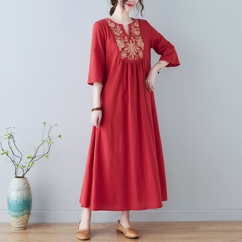 Vestido largo de lino y algodón con cuello en V, manga tres cuartos y diseño floral sencillo con bordado bohemio y Buddha Stones - NaranjaRojo - US8-10，UK/AU12-14，EU40-42 (2XL) - image 12
