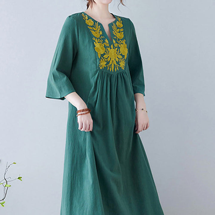 Vestido largo de lino y algodón con cuello en V, manga tres cuartos y diseño floral sencillo con bordado bohemio y Buddha Stones - image 21