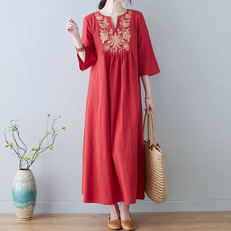 Vestido largo de lino y algodón con cuello en V, manga tres cuartos y diseño floral sencillo con bordado bohemio y Buddha Stones - image 14
