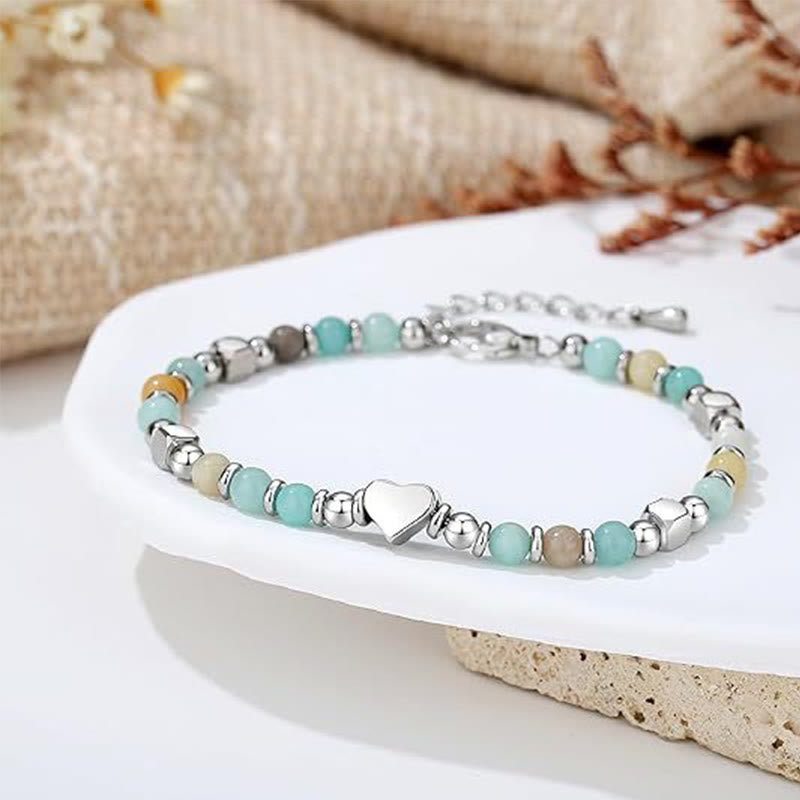 Pulsera de equilibrio positivo con forma de corazón de piedra natural de Buddha Stones, amazonita, amatista, lazurita y cuarzo rosa.
