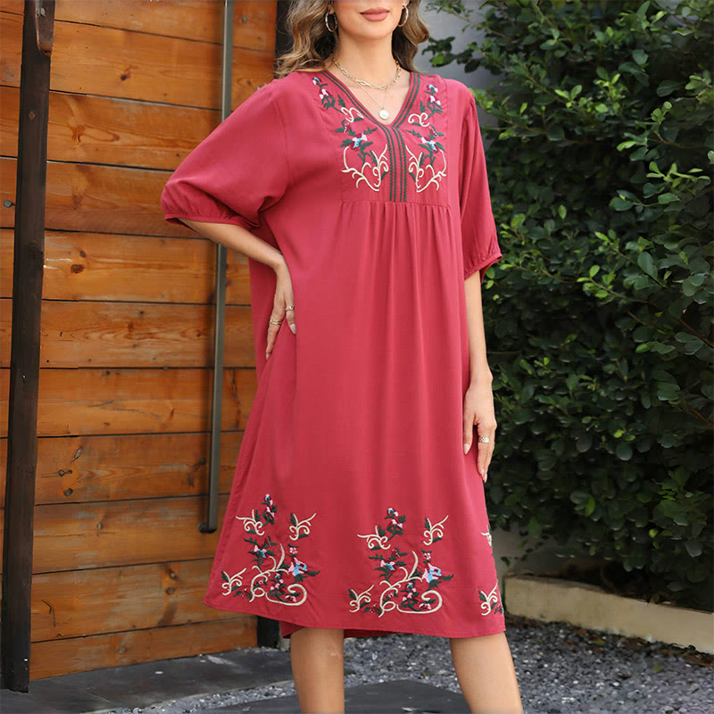 Vestido midi de algodón con mangas largas y bordado étnico retro en rojo indio con Buddha Stones