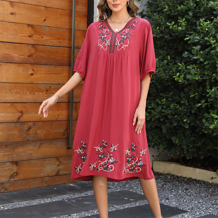 Vestido midi de algodón con mangas largas y bordado étnico retro en rojo indio con Buddha Stones