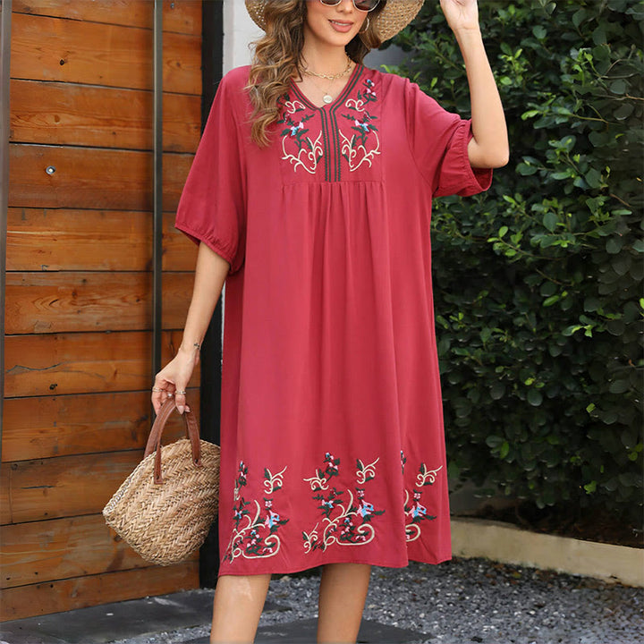 Vestido midi de algodón con mangas largas y bordado étnico retro en rojo indio con Buddha Stones