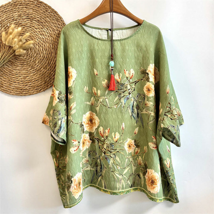Camiseta de poliéster de media manga con cuello redondo y estampado casual de pétalos y Buddha Stones para mujer