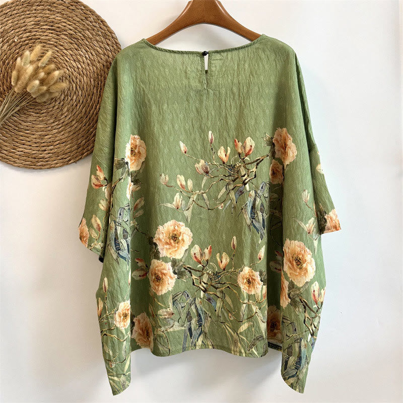 Camiseta de poliéster de media manga con cuello redondo y estampado casual de pétalos y Buddha Stones para mujer