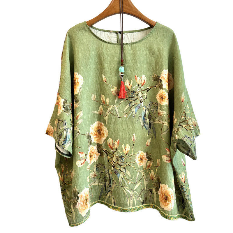 Camiseta de poliéster de media manga con cuello redondo y estampado casual de pétalos y Buddha Stones para mujer