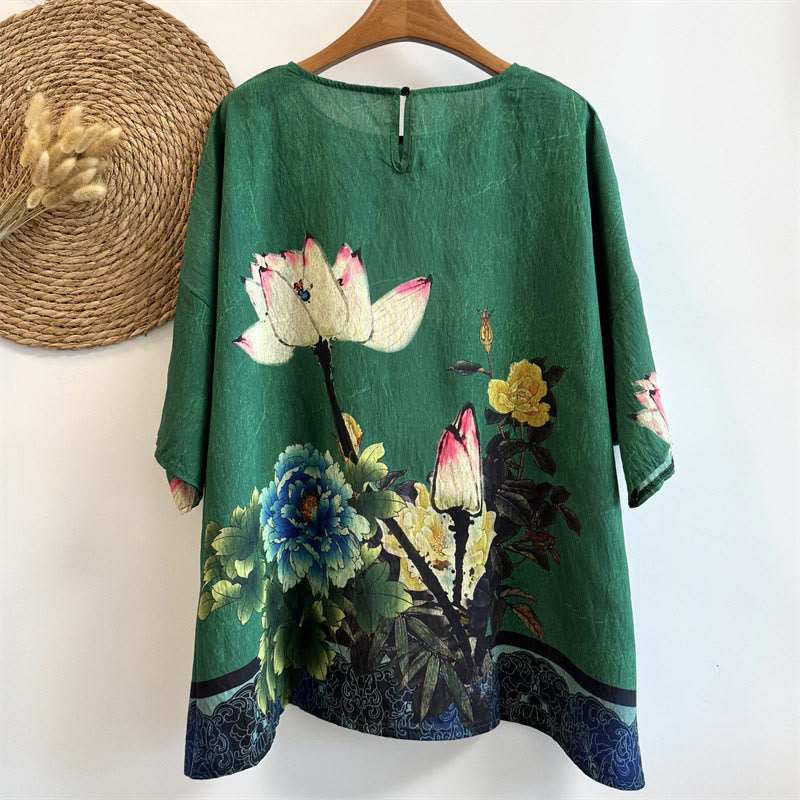 Camiseta Buddha Stones holgada de poliéster con estampado de flores de peonía de loto y cuello redondo para mujer, de media manga