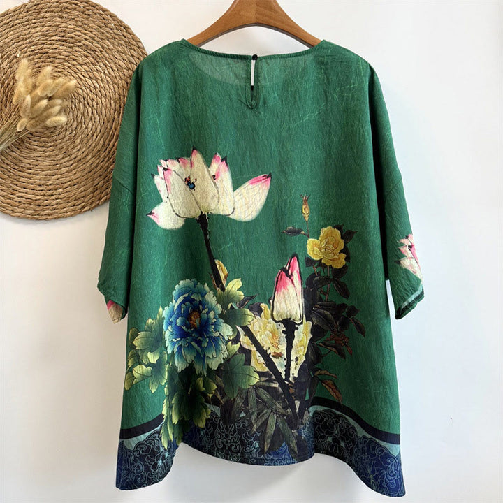 Camiseta Buddha Stones holgada de poliéster con estampado de flores de peonía de loto y cuello redondo para mujer, de media manga