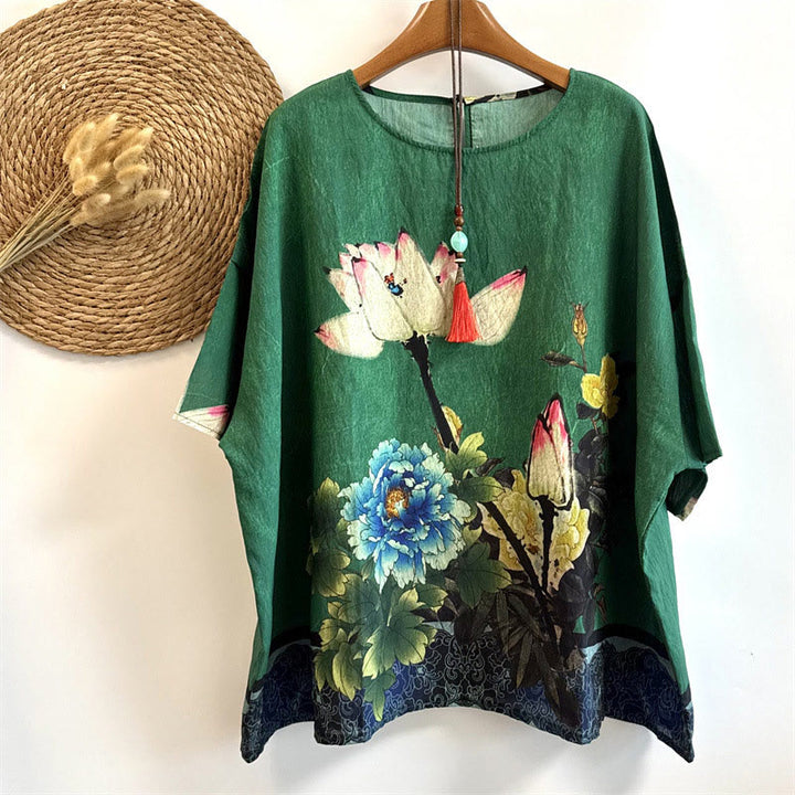 Camiseta Buddha Stones holgada de poliéster con estampado de flores de peonía de loto y cuello redondo para mujer, de media manga