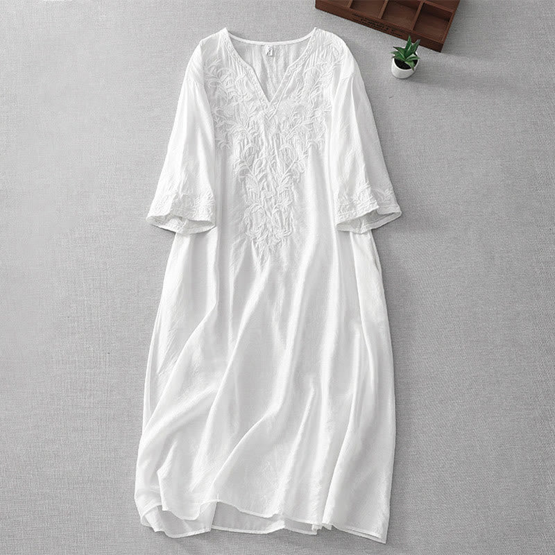 Vestido midi de verano con cuello en V, manga corta y bolsillos, con bordado de hojas y flores en color blanco puro de Buddha Stones - Blanco - US8-10，UK/AU12-14，EU40-42 (2XL) - image 1