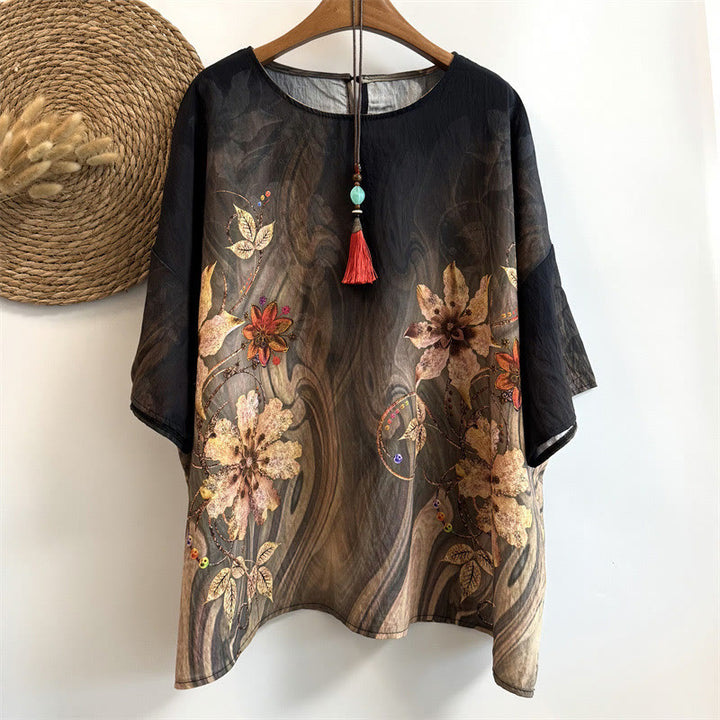 Camiseta Buddha Stones holgada de poliéster con estampado de flores y hojas para mujer, cuello redondo y media manga