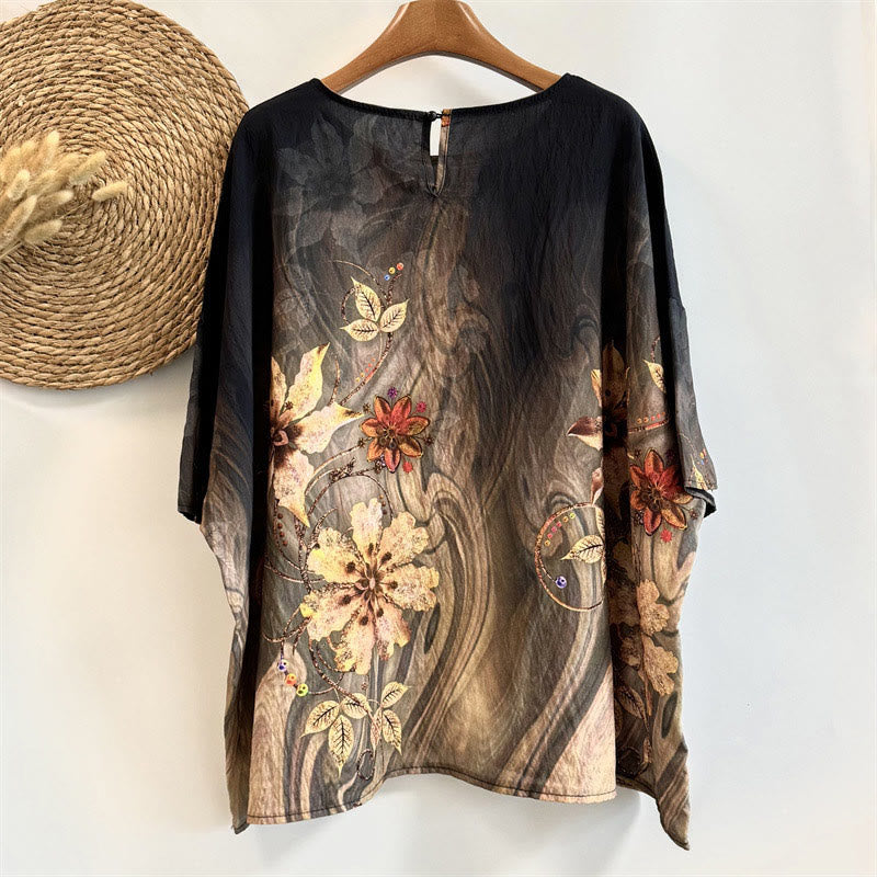 Camiseta Buddha Stones holgada de poliéster con estampado de flores y hojas para mujer, cuello redondo y media manga