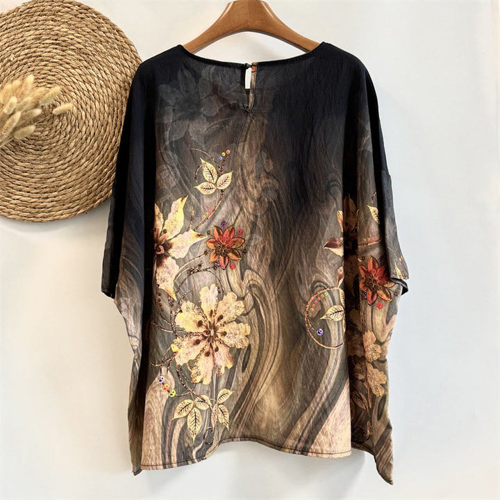 Camiseta Buddha Stones holgada de poliéster con estampado de flores y hojas para mujer, cuello redondo y media manga