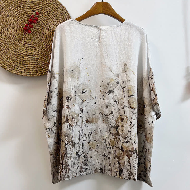 Camiseta de poliéster de media manga con cuello redondo y estampado de pétalos de arbusto de Buddha Stones para mujer