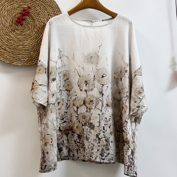 Camiseta de poliéster de media manga con cuello redondo y estampado de pétalos de arbusto de Buddha Stones para mujer