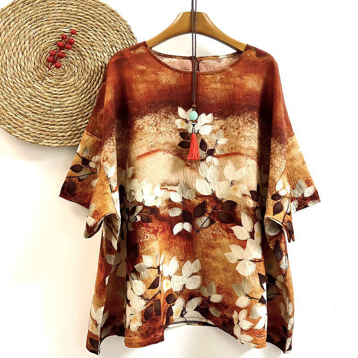 Camiseta de poliéster de media manga con cuello redondo y estampado informal de plantas y hojas de Buddha Stones para mujer