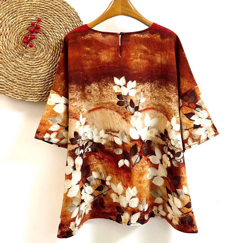 Camiseta de poliéster de media manga con cuello redondo y estampado informal de plantas y hojas de Buddha Stones para mujer