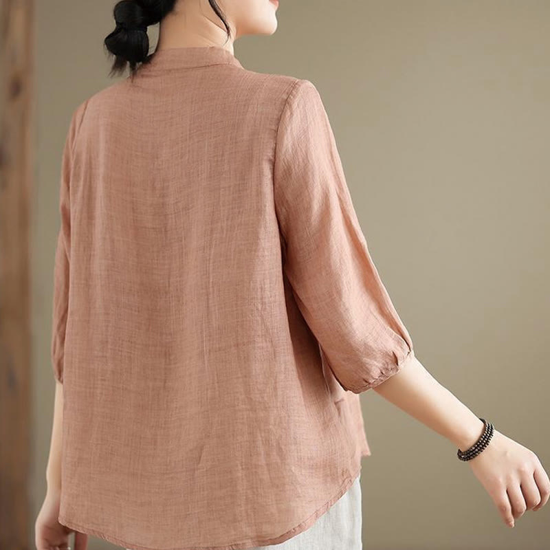 Camisa de lino y algodón para mujer con bordado de flores vintage de Buddha Stones, manga tres cuartos y botones de rana - image 10