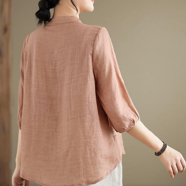Camisa de lino y algodón para mujer con bordado de flores vintage de Buddha Stones, manga tres cuartos y botones de rana - image 10