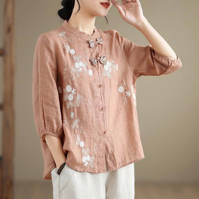 Camisa de lino y algodón para mujer con bordado de flores vintage de Buddha Stones, manga tres cuartos y botones de rana - Salmón claro - US8-10，UK/AU12-14，EU40-42 (2XL) - image 8