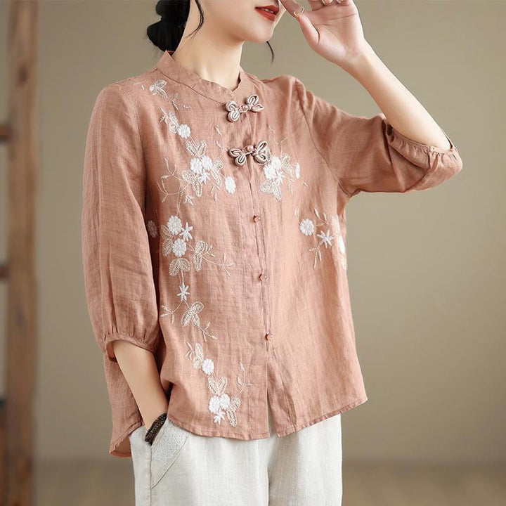 Camisa de lino y algodón para mujer con bordado de flores vintage de Buddha Stones, manga tres cuartos y botones de rana - Salmón claro - US8-10，UK/AU12-14，EU40-42 (2XL) - image 8