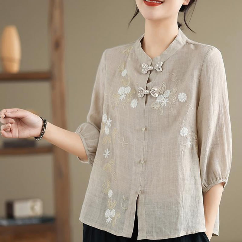 Camisa de lino y algodón para mujer con bordado de flores vintage de Buddha Stones, manga tres cuartos y botones de rana - image 6