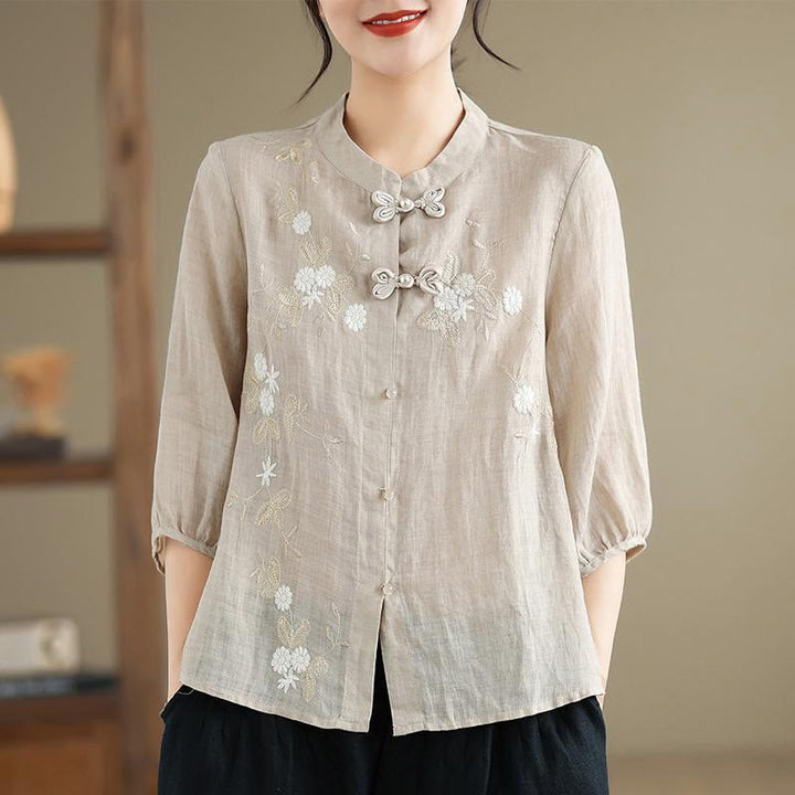 Camisa de lino y algodón para mujer con bordado de flores vintage de Buddha Stones, manga tres cuartos y botones de rana - Chifón de limón - US8-10，UK/AU12-14，EU40-42 (2XL) - image 4